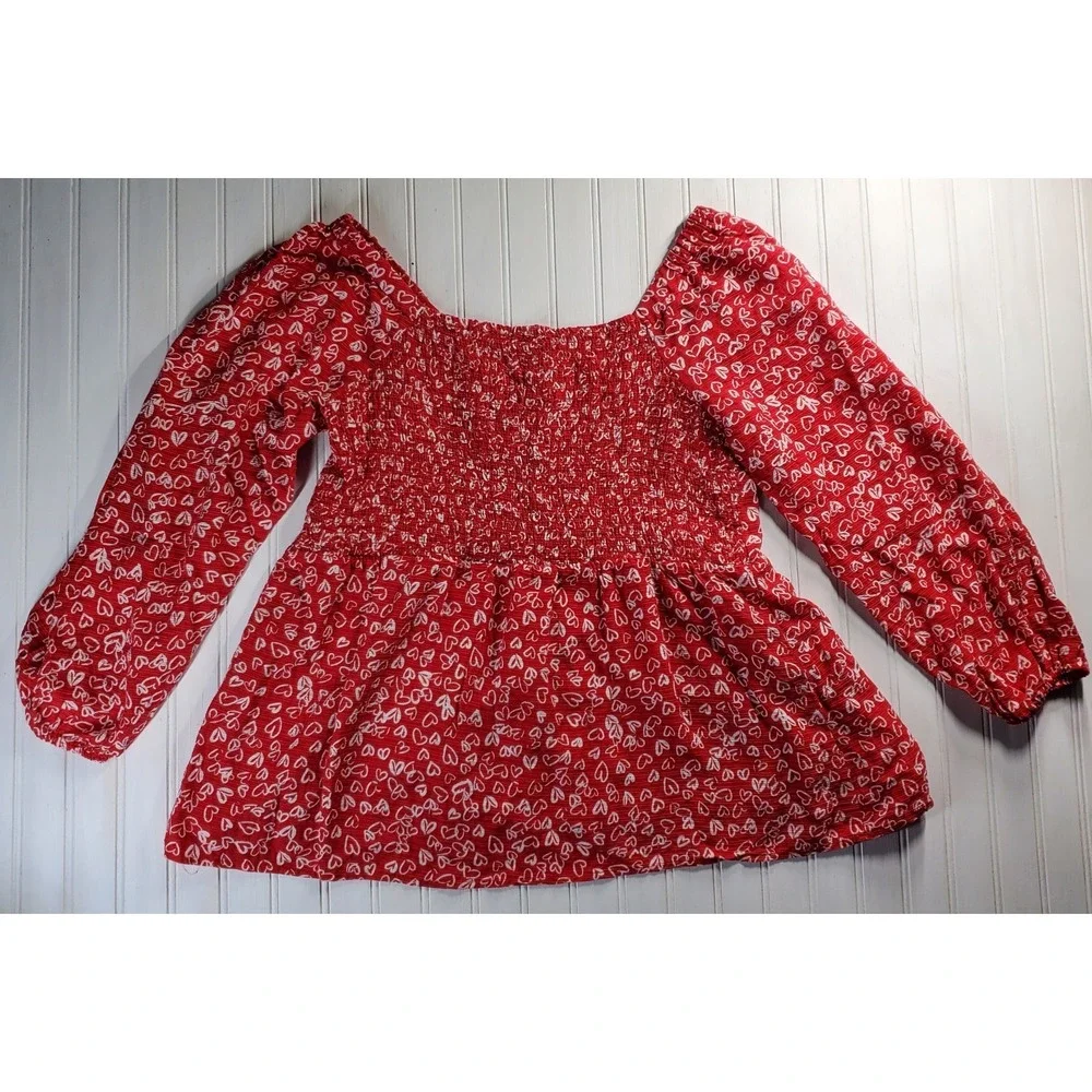 WOMENS LOFT RED HEART PRINT CINCHED SWEATHEART NECKLINE BLOUSE SIZE 2‎